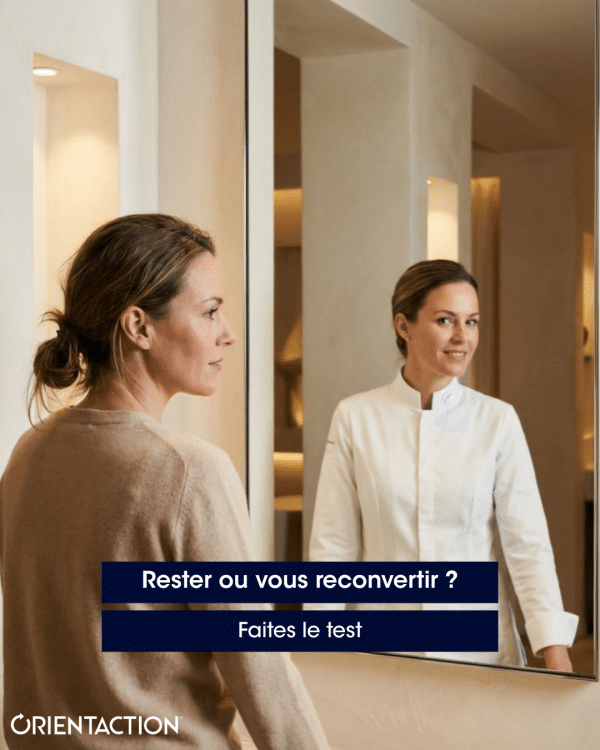 Personne réalisant le test de reconversion ORIENTACTION pour savoir si elle doit changer de métier à la rentrée 2026
