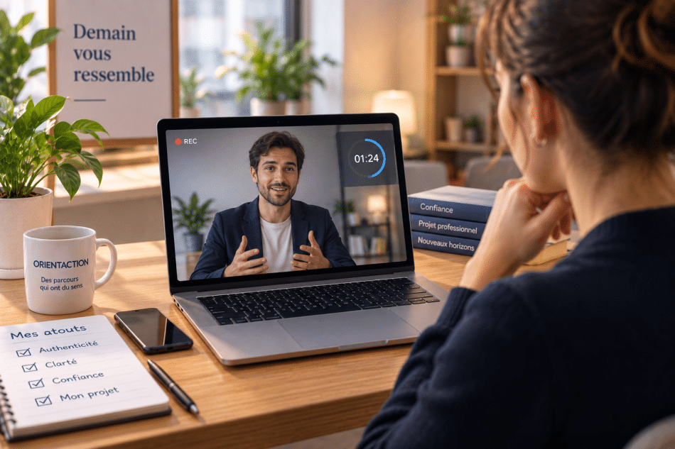 Candidat réalisant un entretien vidéo différé enregistré et analysé par une machine dans le cadre d'un recrutement