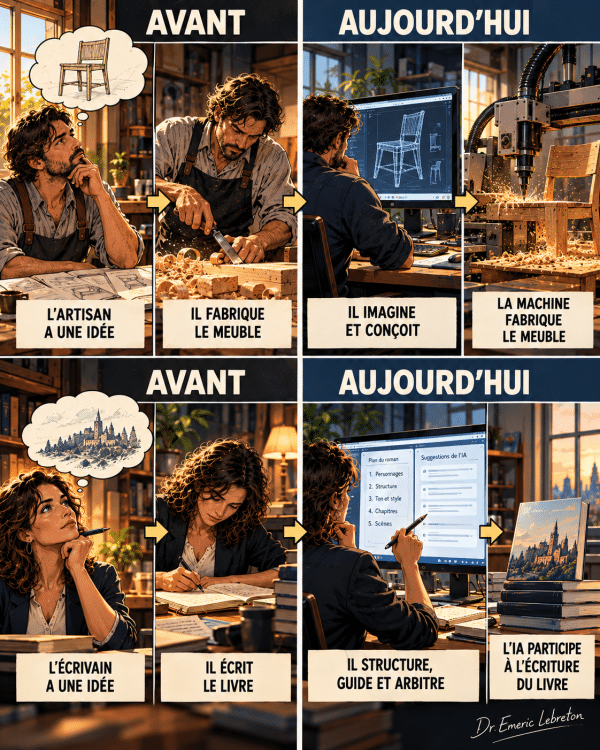 Portrait illustré évoquant l’évolution de la création humaine et des métiers face à l’intelligence artificielle