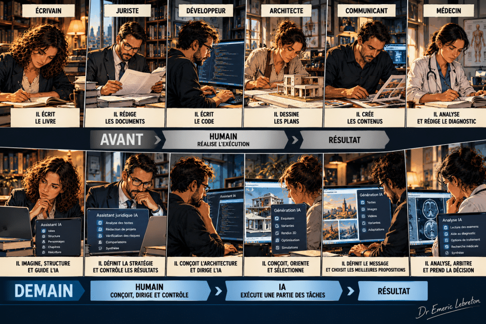 Portrait illustré évoquant le débat sur la contribution humaine, l’auteur et l’intelligence artificielle