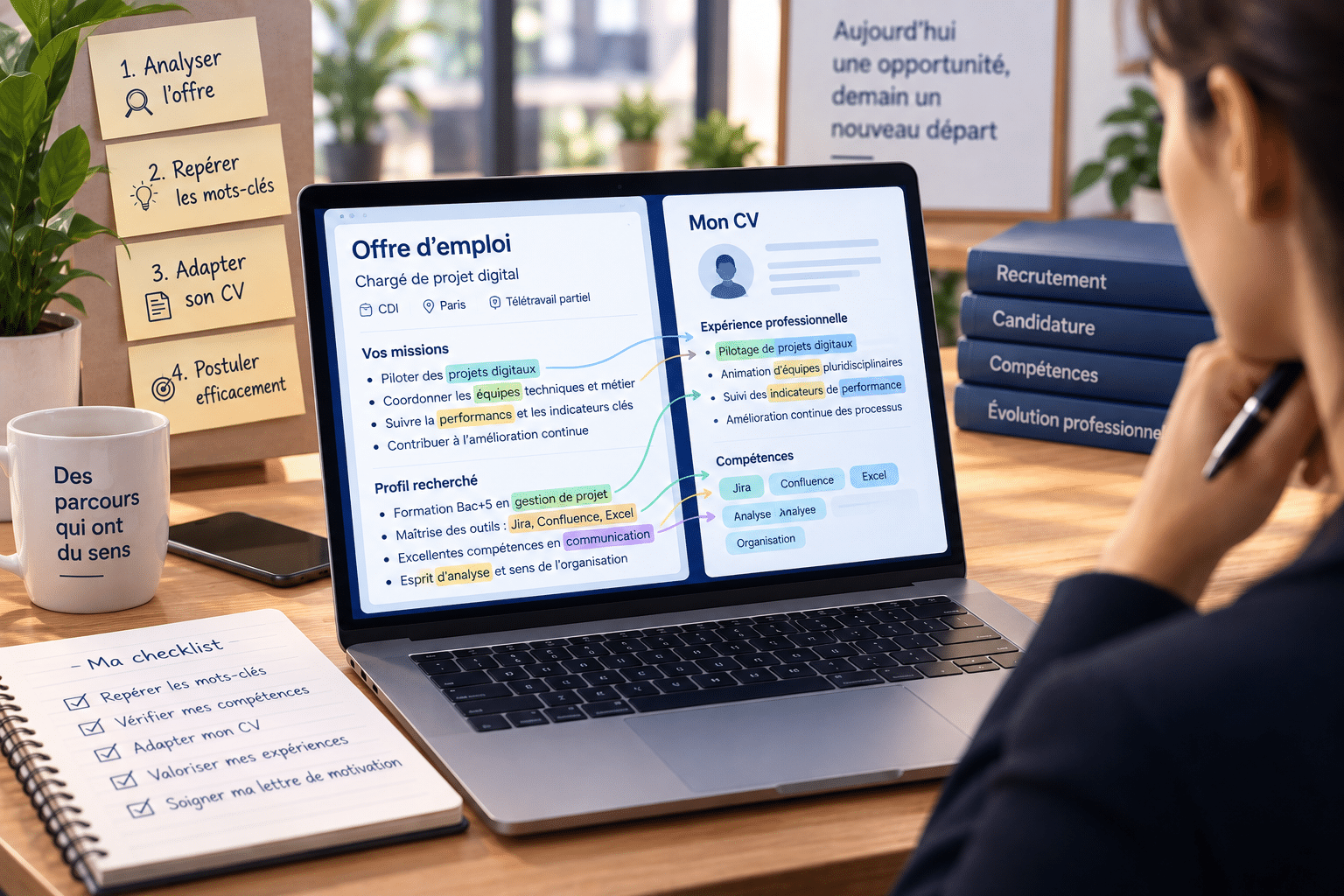 Candidat analysant les mots-clés d'une offre d'emploi pour adapter son CV avant de postuler
