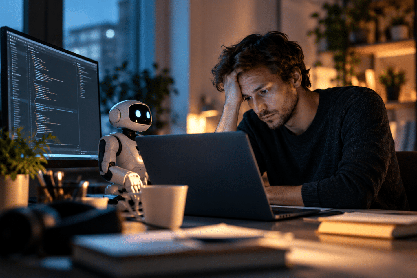 Développeur fatigué travaillant avec une intelligence artificielle illustration de la vibecoding fatigue et de l’AI brain fry