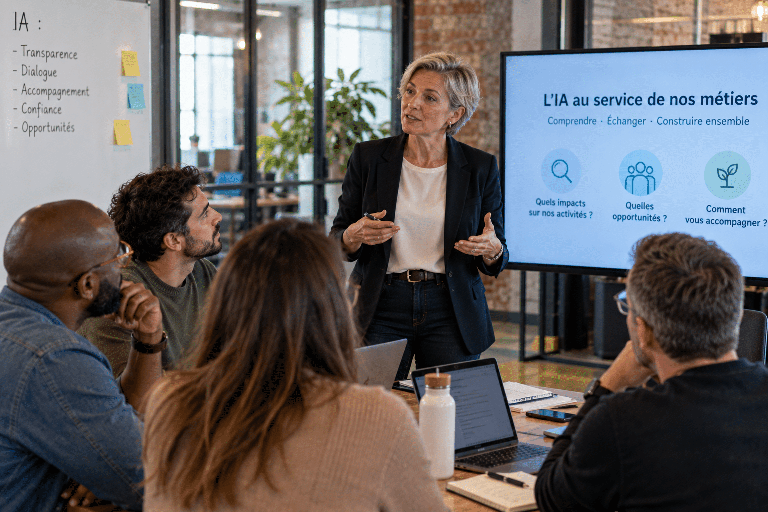 Manager présentant un projet d'intelligence artificielle à ses salariés pour expliquer les changements à venir et préserver la confiance des équipes