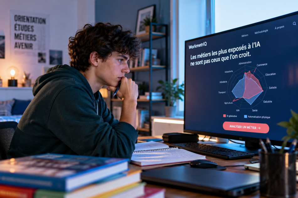 Étudiant analysant un baromètre des métiers d’avenir sur WorkmetriQ ORIENTACTION pour comparer leur exposition à l’intelligence artificielle générative et à l’automatisation physique afin de mieux choisir son orientation scolaire