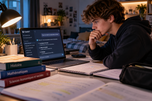 Lycéen utilisant ChatGPT sur son ordinateur pour comprendre ses cours et faire ses devoirs tout en réfléchissant aux avantages et aux risques de l'intelligence artificielle dans l'apprentissage scolaire