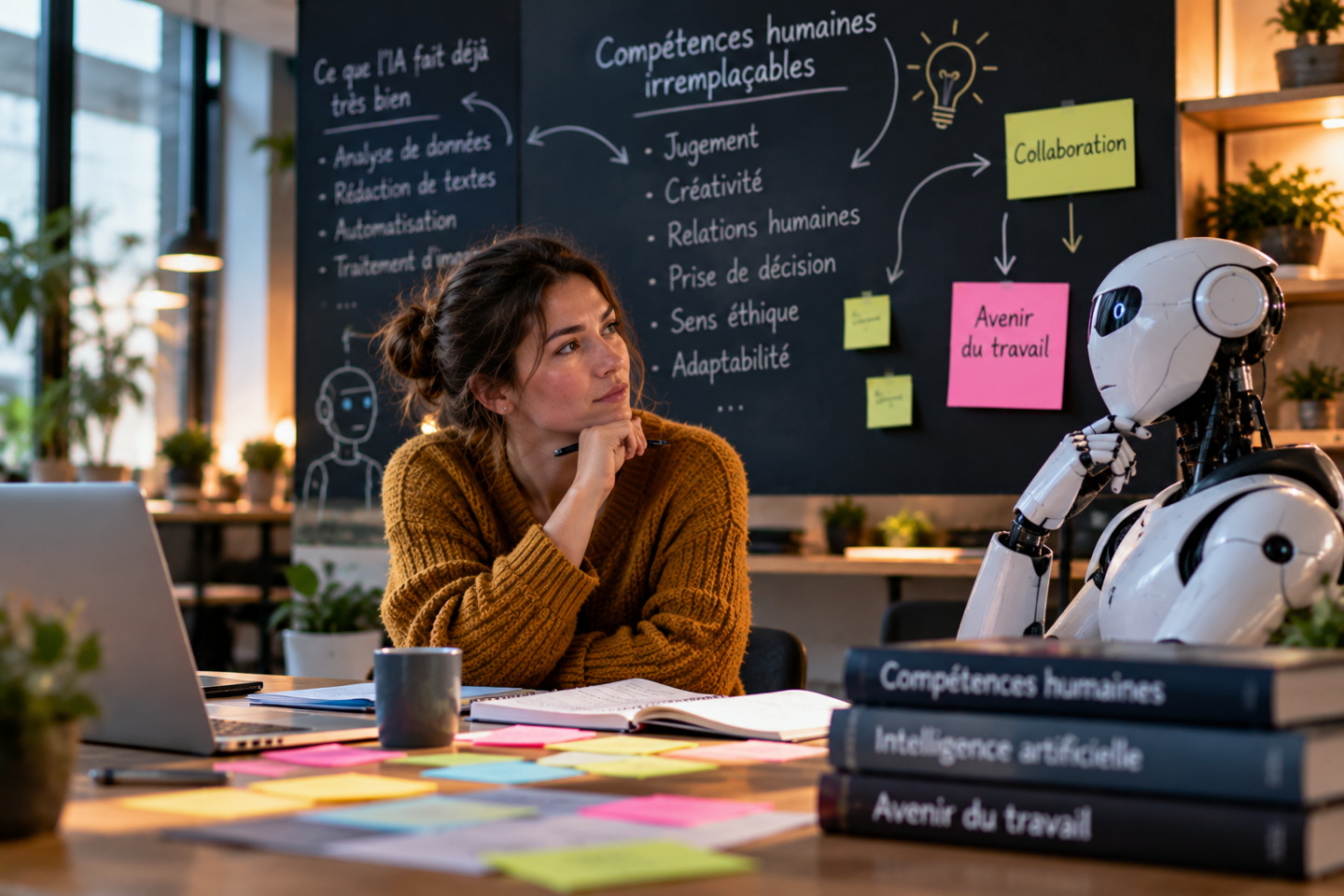 Professionnelle échangeant avec un robot humanoïde dans un espace de travail moderne, illustrant les compétences humaines que l’intelligence artificielle ne remplace pas, comme le jugement, la prise de décision et les relations humaines