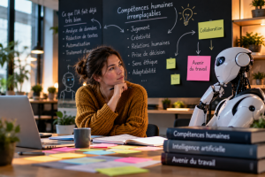 Professionnelle échangeant avec un robot humanoïde dans un espace de travail moderne, illustrant les compétences humaines que l’intelligence artificielle ne remplace pas, comme le jugement, la prise de décision et les relations humaines