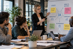 Équipe en entreprise préparant un déploiement de l'intelligence artificielle pour réussir la conduite du changement et éviter l'échec du projet IA