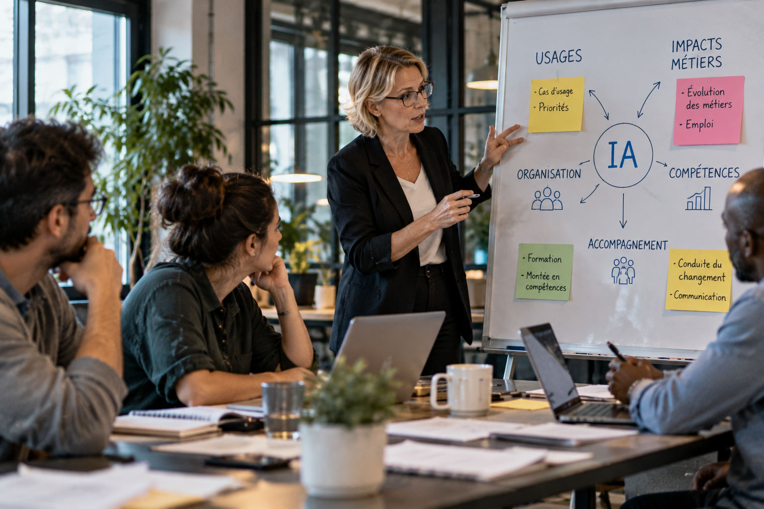 Équipe en entreprise préparant un déploiement de l'intelligence artificielle pour réussir la conduite du changement et éviter l'échec du projet IA