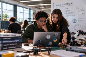 Deux étudiants en école d’ingénieurs travaillent sur un projet d’intelligence artificielle et de robotique dans un laboratoire universitaire équipé d’ordinateurs et de matériel technologique
