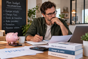 Personne calculant l'épargne nécessaire avant sa reconversion