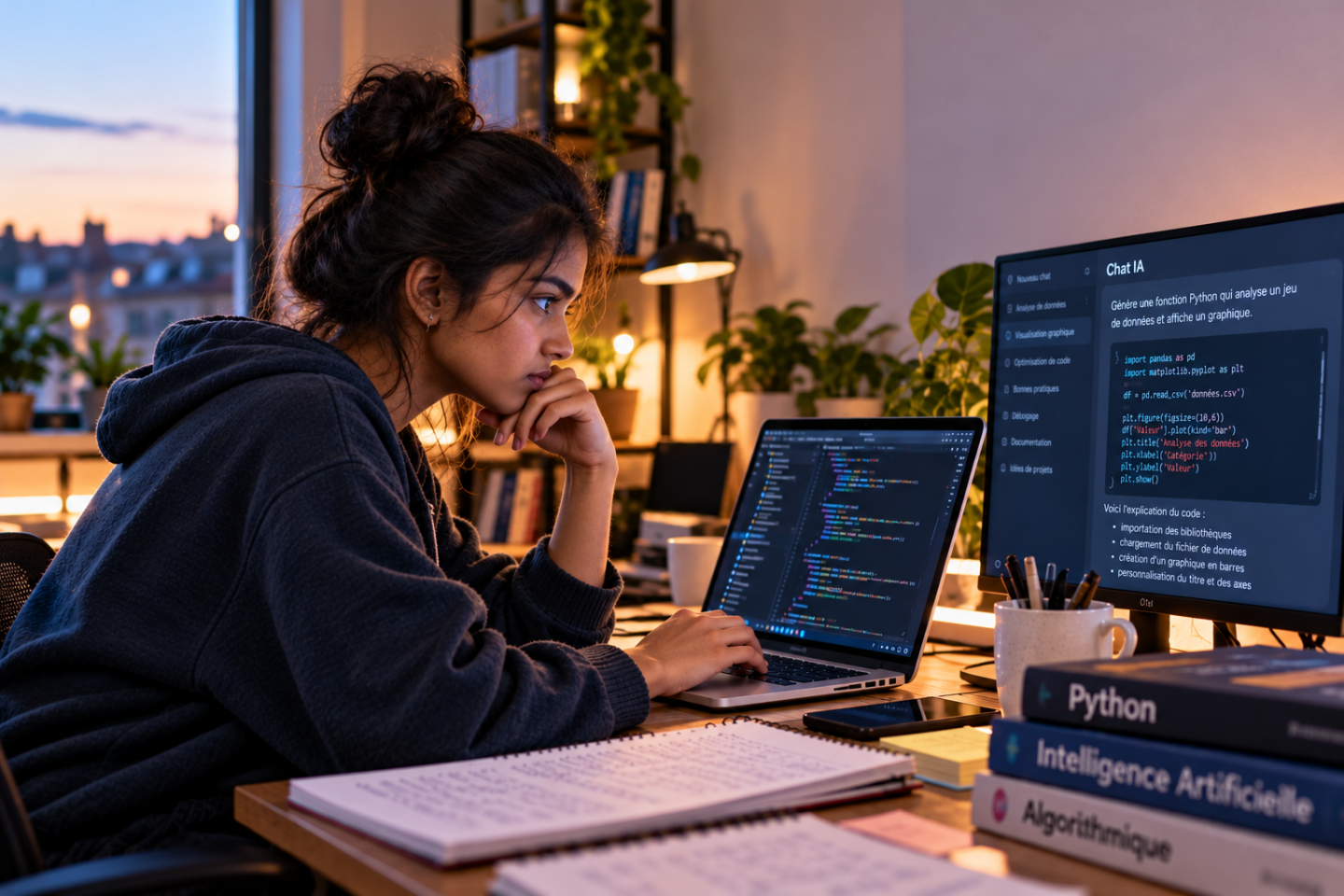 Étudiante indienne en informatique utilisant une intelligence artificielle pour générer et analyser du code Python et développer ses compétences en programmation face à l'évolution du métier de développeur
