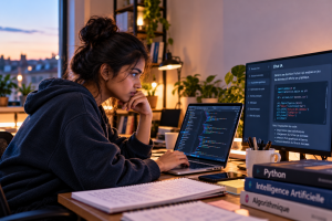 Étudiante indienne en informatique utilisant une intelligence artificielle pour générer et analyser du code Python et développer ses compétences en programmation face à l'évolution du métier de développeur