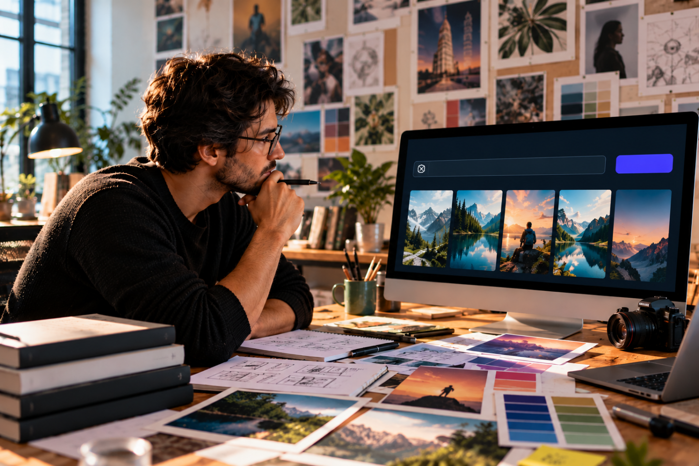 Professionnel de la création analysant des visuels générés par intelligence artificielle sur son ordinateur, illustrant l’impact de l’IA générative sur la créativité, la transformation des métiers créatifs et l’importance du jugement humain