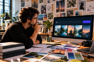 Professionnel de la création analysant des visuels générés par intelligence artificielle sur son ordinateur, illustrant l’impact de l’IA générative sur la créativité, la transformation des métiers créatifs et l’importance du jugement humain