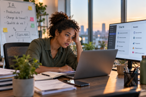 Salarié confronté à une charge de travail accrue liée à l'intelligence artificielle et à ses effets sur la qualité de vie au travail