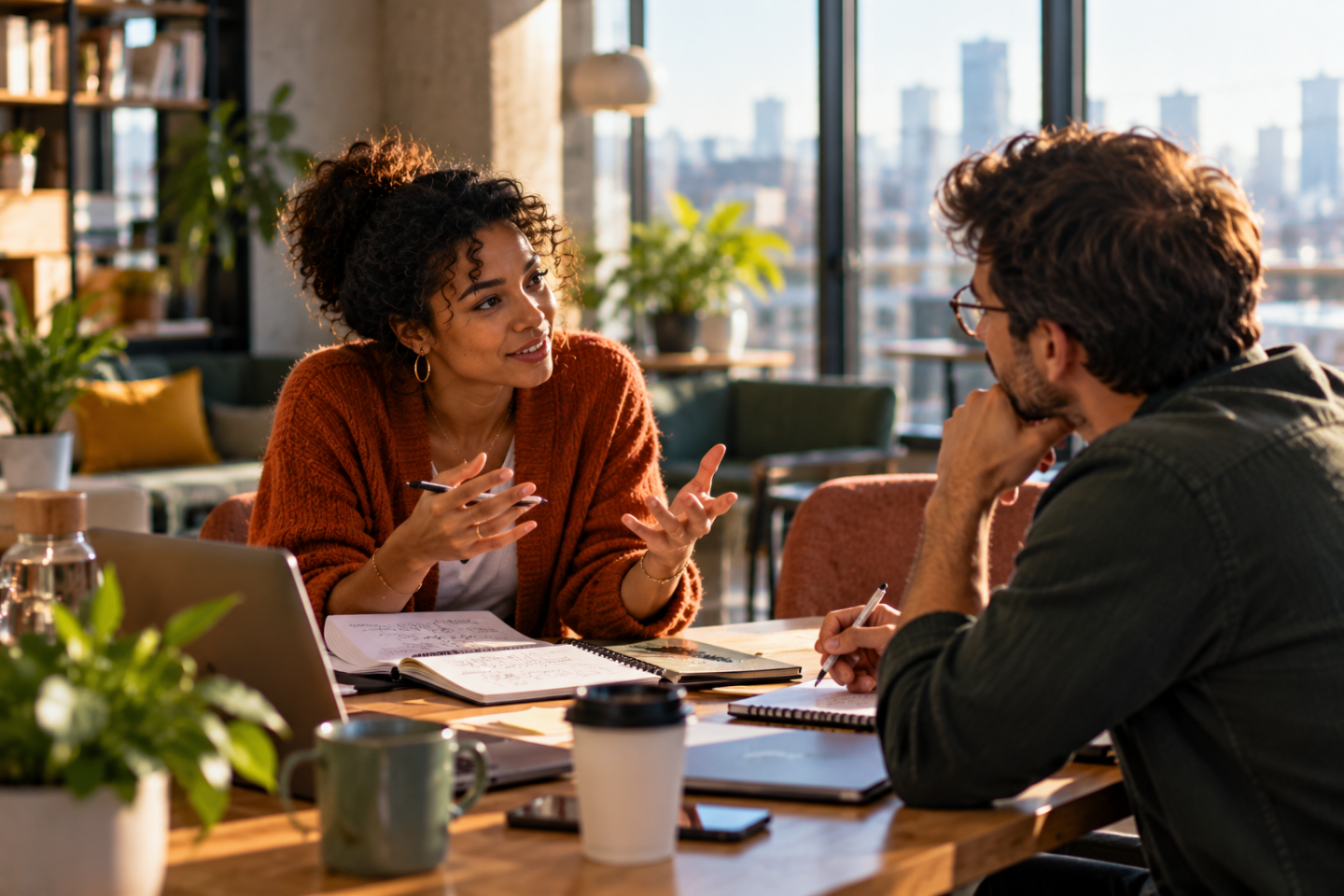 Professionnels échangeant dans une situation de travail nécessitant écoute, compréhension et intelligence relationnelle, illustrant l'importance des compétences humaines face à l'intelligence artificielle