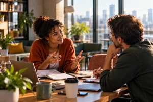 Professionnels échangeant dans une situation de travail nécessitant écoute, compréhension et intelligence relationnelle, illustrant l'importance des compétences humaines face à l'intelligence artificielle