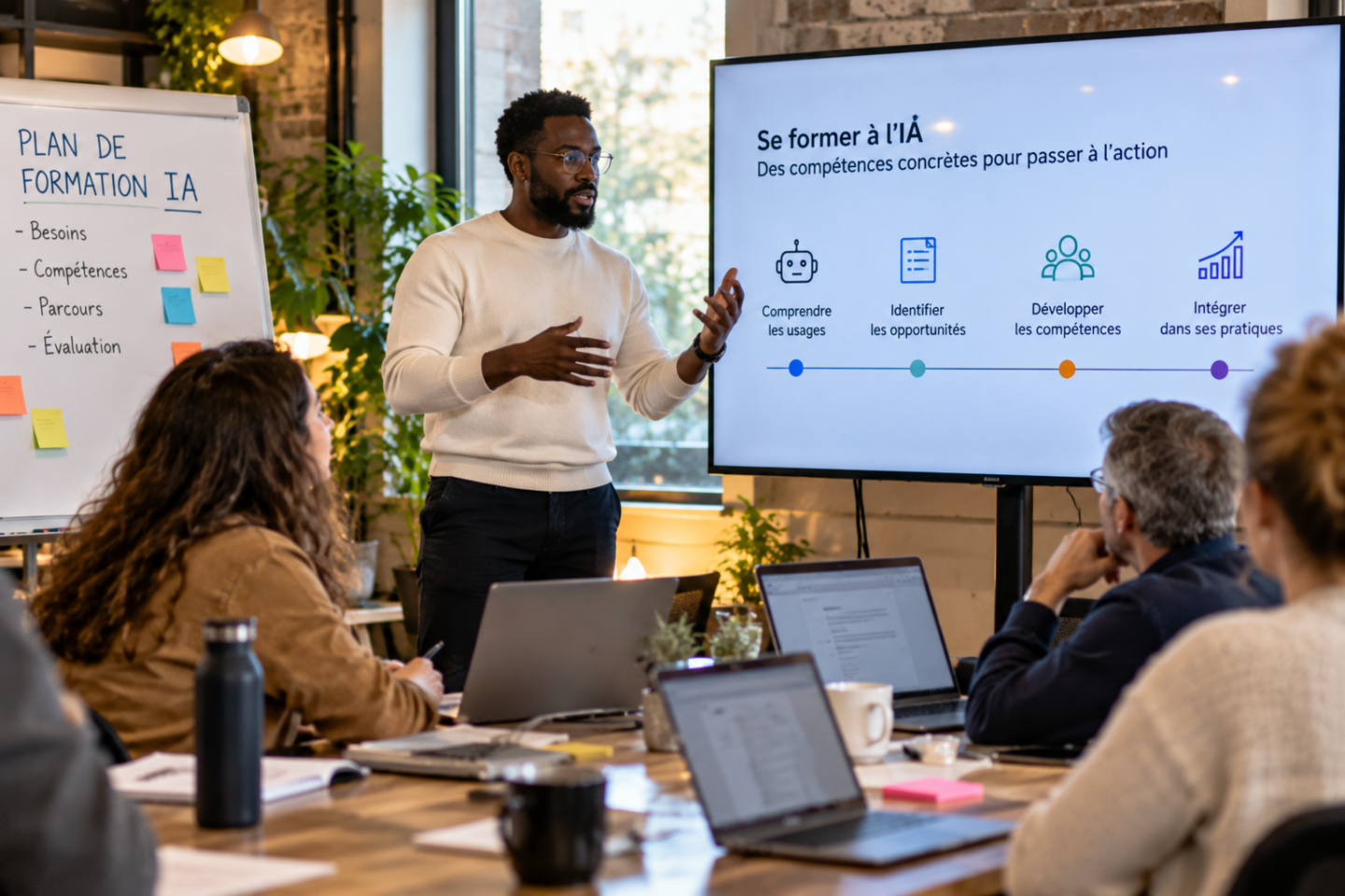 Équipe de salariés suivant une formation à l'intelligence artificielle pour développer ses compétences et intégrer l'IA dans ses pratiques professionnelles