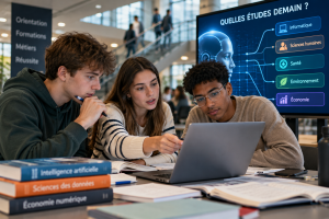 Lycéens réfléchissant à leur orientation post-bac face à l'intelligence artificielle pour choisir des études d'avenir adaptées à leurs compétences et à l'évolution des métiers