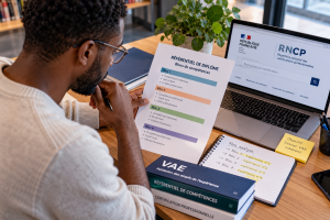 Personne étudiant le référentiel du diplôme visé par sa VAE