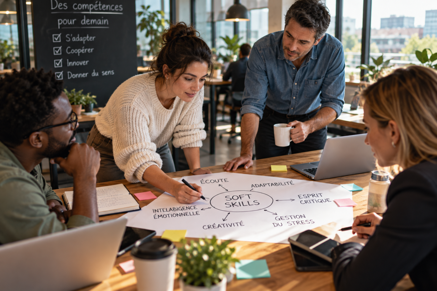 Quatre professionnels échangent autour des soft skills qui résistent à l’automatisation, notamment l’esprit critique, l’adaptabilité, l’intelligence émotionnelle et la gestion du stress face à l’intelligence artificielle au travail