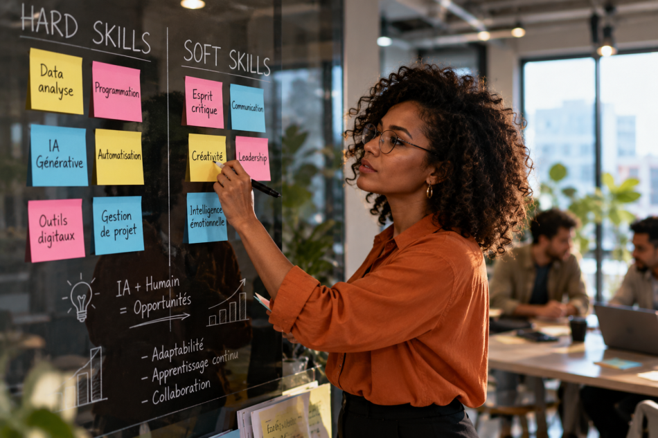 Professionnels confrontés à l'évolution des compétences techniques et comportementales face à l'intelligence artificielle illustrant le nouvel équilibre entre soft skills et hard skills dans le monde du travail